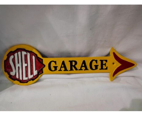 Cast iron Shell garage arrow sign, L: 40 cm. Not available for in-house P&amp;P 
