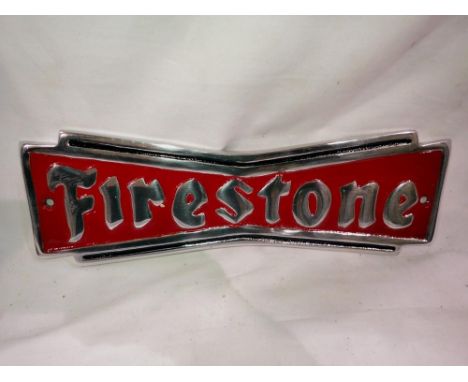 Cast aluminium Firestone Tyres Plaque. W:25cm. UK P&amp;P Group 2 (£20+VAT for the first lot and £4+VAT for subsequent lots) 