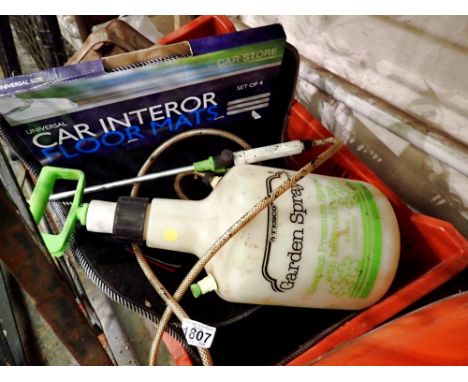 Car mats, Esso paraffin tin and a garden sprayer. Not available for in-house P&amp;P 