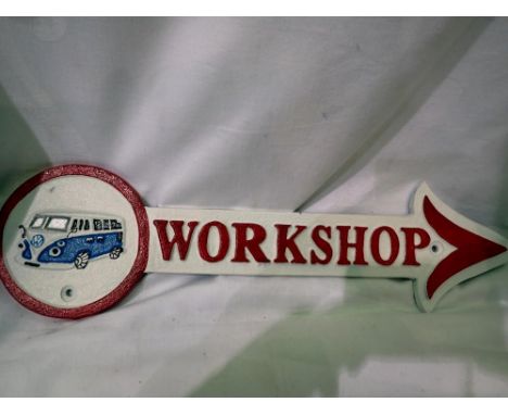 Cast iron VW workshop arrow sign, L: 41 cm. UK P&amp;P Group 1 (£16+VAT for the first lot and £2+VAT for subsequent lots) 