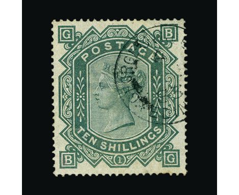 Great Britain - QV (surface printed) : (SG 135) 1867-83 10 shilling greenish grey letters B-G, white paper watermark anchor '