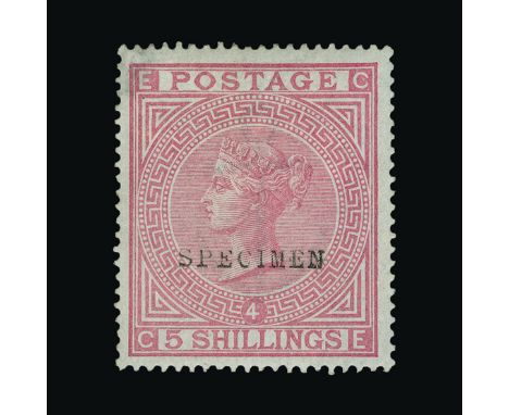 Great Britain - QV (surface printed) : (SG 130s) 1867-83 wmk Anchor on blued paper 5s rose, CE, ovptd. SPECIMEN Type 9, gum d