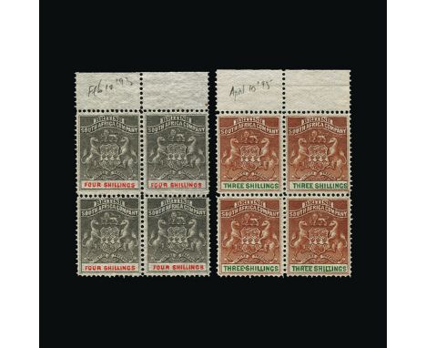 Bradbury Wilkinson Collection : (SG 18/26) RHODESIA: 1892-94 archive collection of upper marginal blocks of four without gum 