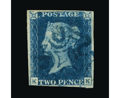 Great Britain - QV (line engraved) : (SG 5) 1840 2d blue, plate 2, KK, 4 margins (very close at bottom left), neat crisp BLUE