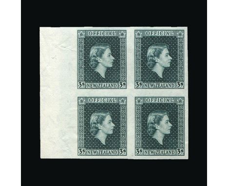 Bradbury Wilkinson Collection : NEW ZEALAND: 1954-63 OFFICIAL imperf matching left sheet marginal plate proof BLOCKS OF FOUR 