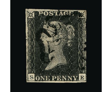 Great Britain - QV (line engraved) : (SG 3 PL 11) 1840 Penny black plate 11 letters S-E, guaranteed genuine. Greyish-black sh