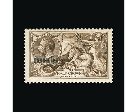 Bradbury Wilkinson Collection : GREAT BRITAIN: 1918-19 Seahorses 2s.6d with 'CANCELLED' type 33 overprint, superb unmounted m