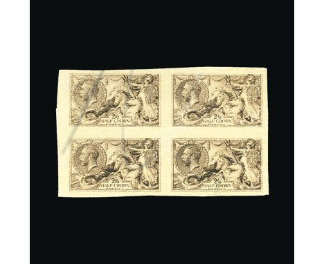 Bradbury Wilkinson Collection : GREAT BRITAIN: 1918 Seahorse 2s.6d. Rough proof, imperf block of four, from the post 1927 pla