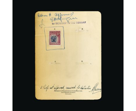 Bradbury Wilkinson Collection : SOUTHERN RHODESIA: Revenue 1953 4d imperforate proof on B.W. card, endorsed 'pattern A approv