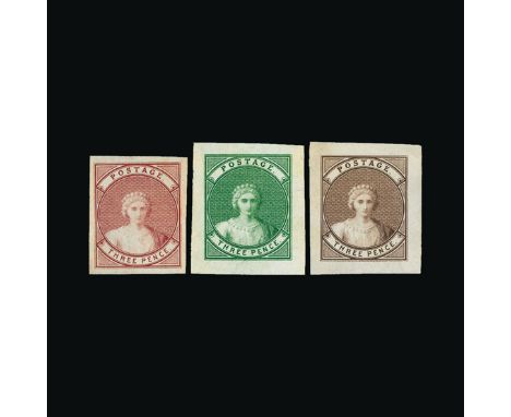 Bradbury Wilkinson Collection : STAMPS: 1861 WYON QUEEN VICTORIA THREE PENCE ESSAY, imperf proofs in blue, green, brown, red 