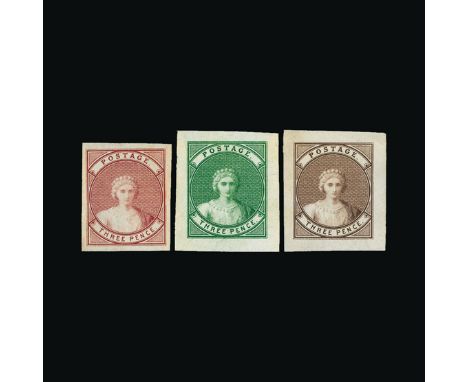 Bradbury Wilkinson Collection : STAMPS: 1861 WYON QUEEN VICTORIA THREE PENCE ESSAY, imperf proofs in blue, green, brown, red 