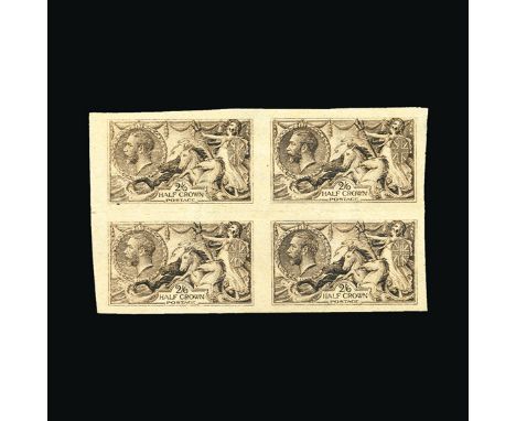 Bradbury Wilkinson Collection : GREAT BRITAIN: 1918 Seahorse 2s.6d. Rough proof, imperf block of four, fine. (image available