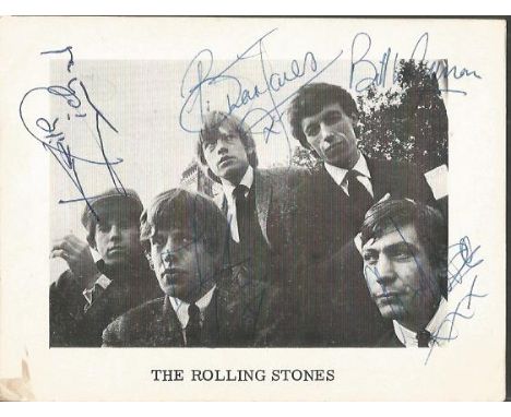 Rolling Stones signed 6 x 4 b/w promo photocard. Signed by Brian Jones, Mick Jagger, Bill Wyman, Keith Richards and Charlie W