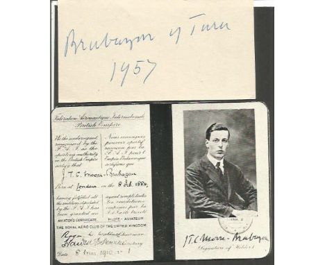 J.T.C (John Theodore Cuthbert) Moore-Brabazon signed card dated 1957. He was a pioneering aviator. He first soloed in a Frenc