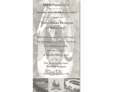  Tottenham Hotspur At Wembley Menu Signed By Pat Jennings, Dave Mackay, Gary Mabbutt & Martin Peters. Good condition. All ite