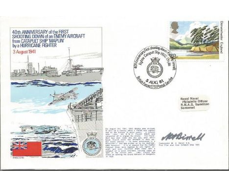 Cdr M Birrell rare Battle of Britain pilot signed  Navy cover comm.  1st victory from a Catapult launched Hurricane Good cond