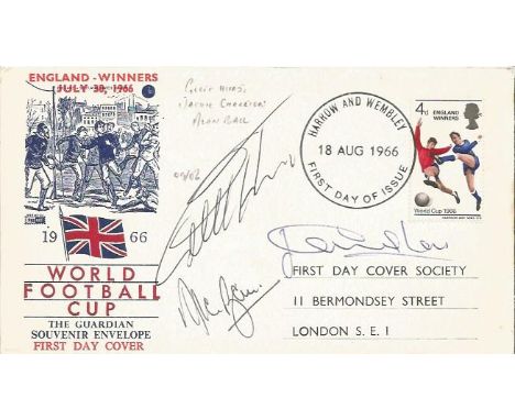 1966 first day cover with Harrow and Wembley postmark signed by Alan Ball, Geoff Hurst and Jack Charlton. £70 Good condition.