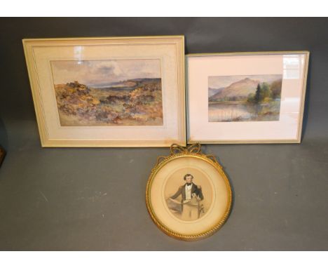 Edith A Stock 'Lake Scene' watercolour, signed, 23 x 33.5 cms together with another watercolour and an oval portrait of an of