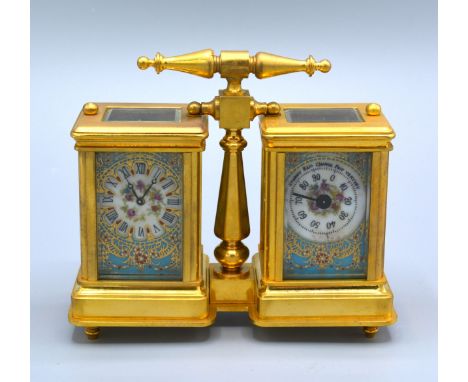 A French Style Brass Double Carriage Clock Barometer With Porcelain Panels 10 cms tall 