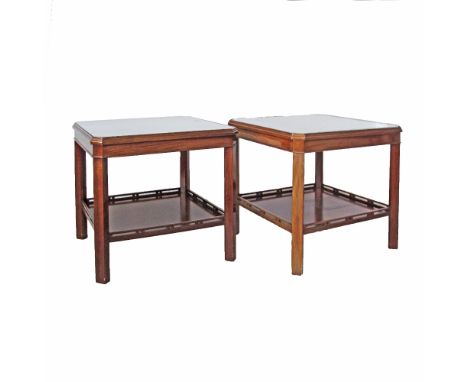 A pair of reproduction Chippendale mahogany two tier square side tables, some discolouration to the top. H53cm, 55X55cm, by P