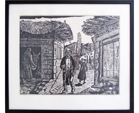 Averkiou Costas (Cypriot 1917-1981) A woodcut print of a village scene with peasants, signed, dated 1959 and numbered 35/50. 