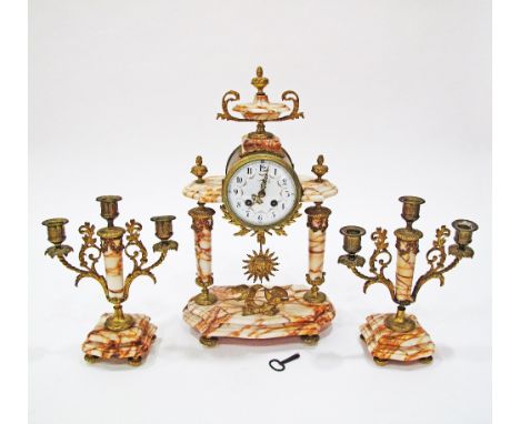 A French Empire Garniture of a pendulum mantel clock and two candelabras on marble plinths c19th century. The clock H45cm. (3