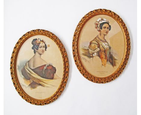 A pair of lithograph portraits of ladies, glazed in oval carved giltwood frames. H47cm, W37cm. (2)