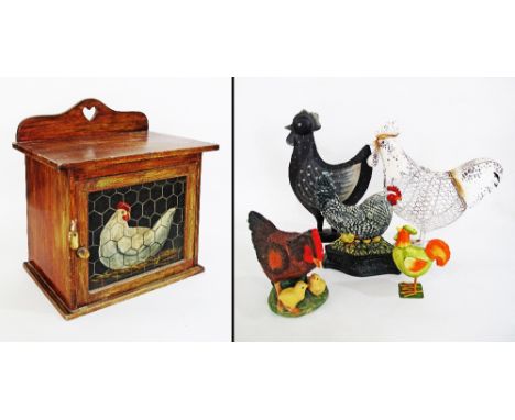 A collection of decorative hens together with a commode decorated as a hens cage. (6)