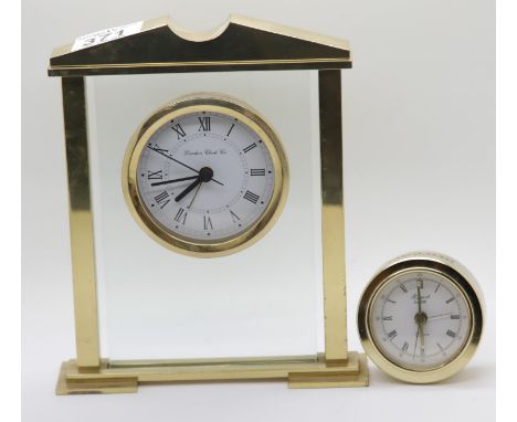 London Clock Co brass mantel clock and a small Rapport alarm clock. P&amp;P Group 2 (£18+VAT for the first lot and £2+VAT for