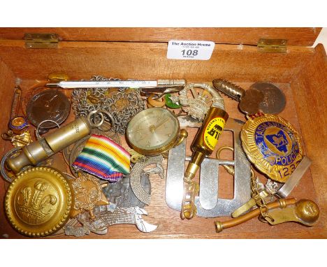 Vintage Tasmanian enamel Police badge (A/F), other badges, whistles, WW2 medal etc