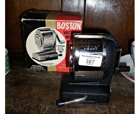A vintage Boston Vacuum Mount desk pencil sharpener with original box