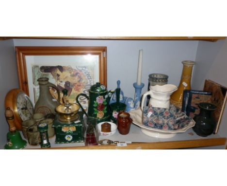 Miscellaneous items including coffee grinder, wall clock, jug &amp; basin, Liberty purses &amp; wallets, pottery vases etc