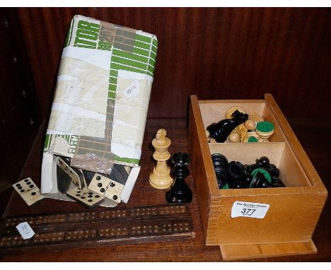 Wooden chess set, crib board and dominoes