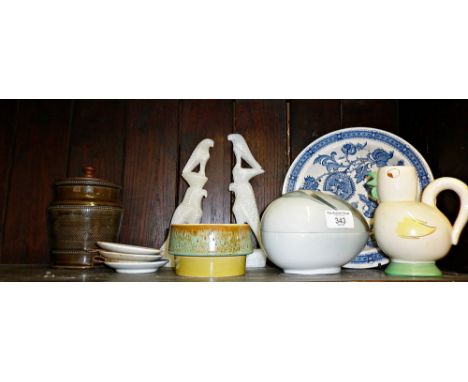 Clarice Cliff Bizarre chicken shaped milk jug (A/F), Royal Doulton stoneware tobacco jar, Poole Pottery and other chinaware