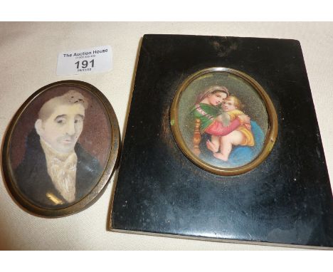 Mother and child portrait miniature on porcelain, and another of a gentleman