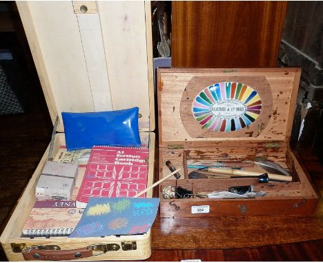 Victorian French paint box, inc. ceramic colours plate by Alacroix &amp; Cie, Paris and a modern table easel with contents