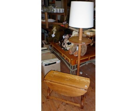 Mid-century light oak standard lamp with shelf and a light oak folding circular coffee table