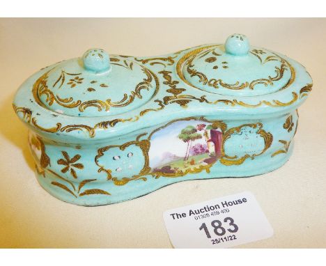 Unusual 18th c. Battersea and Bilston enamel double inkwell, with finely painted countryside scenes