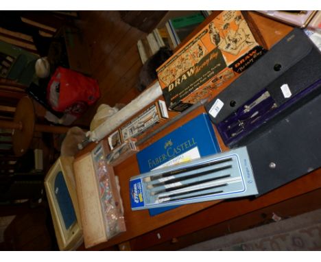 Assorted artists' materials etc including drawing instrument set, pastels, paintbrushes and a Chad Valley toy bagatelle game