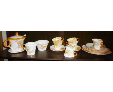 Shelley Art Deco china teaset with teapot, jug, bowl, 5 cups and 6 saucers in the Cape Gooseberry pattern