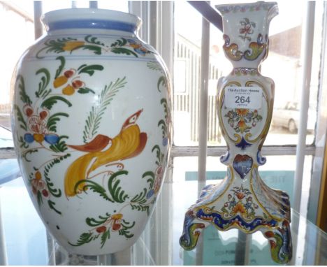 Rouen tin glazed candlestick and similar vase