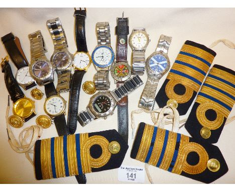 Vintage men's wrist watches, inc. Boy London, Blakes, Time, Seiko, etc. Together with some Royal Navy uniform shoulder boards