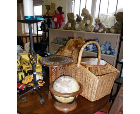 3-legged stool, a wrought iron candlestick, vintage globe and a shopping basket