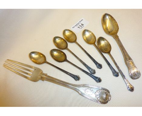 Silver fiddle thread and shell pattern fork, hallmarked for Exeter 1812 James &amp; Josiah Williams, set of six silver coffee