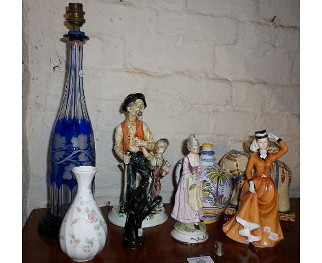 Etched blue glass 'decanter' table lamp, pottery figures, iron hand door knocker (A/F), etc.