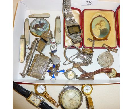 Mother-of-pearl handled folding fruit or penknives, two silver, wrist watches, book shaped combination stamp case and vesta, 