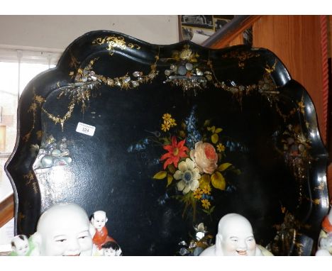 Large Victorian lacquered and shaped papier mache Butler's tray with painted floral and mother of pearl decoration