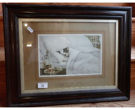 An evocative colour print of a dog in bed titled "After his first battle - young innocence "if I do get over this I'll take g
