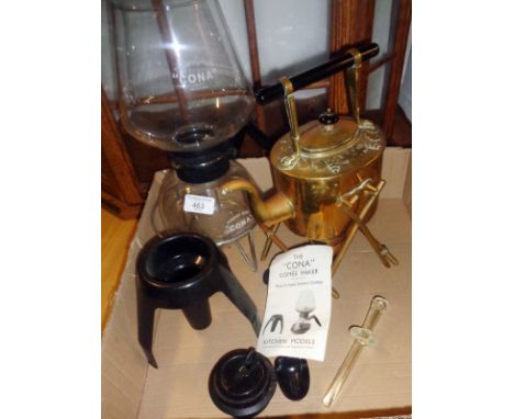 One vintage Cona Coffee maker and an Arts &amp; Crafts embossed brass kettle on stand