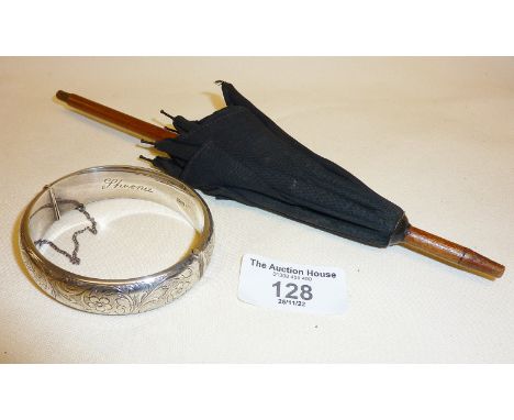Hallmarked silver hinged bracelet/bangle, and vintage doll's umbrella A/F